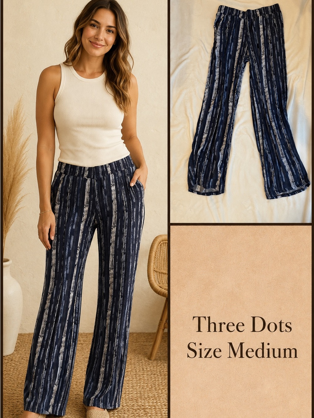 Three Dots Navy and White Striped Wide-Leg Pants